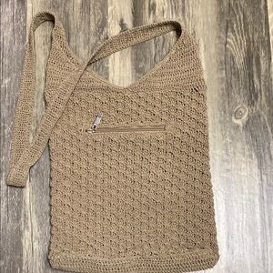 Tan Crochet Shoulder Bag with Textured Pattern